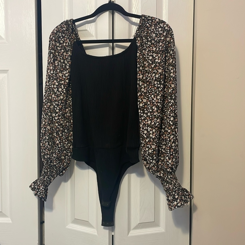 Black and Floral Long Sleeve Bodysuit
